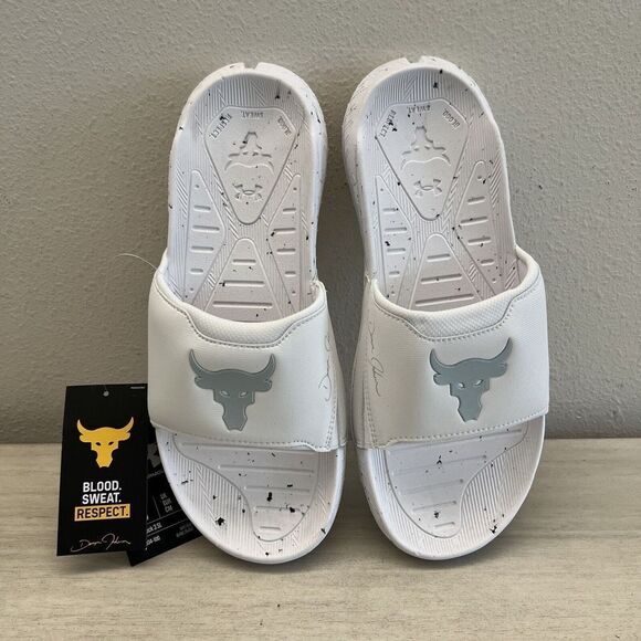 Under Armour Men Sz 11 UA The Rock Project 3 Slide White Halo Grey - Picture 2 of 11